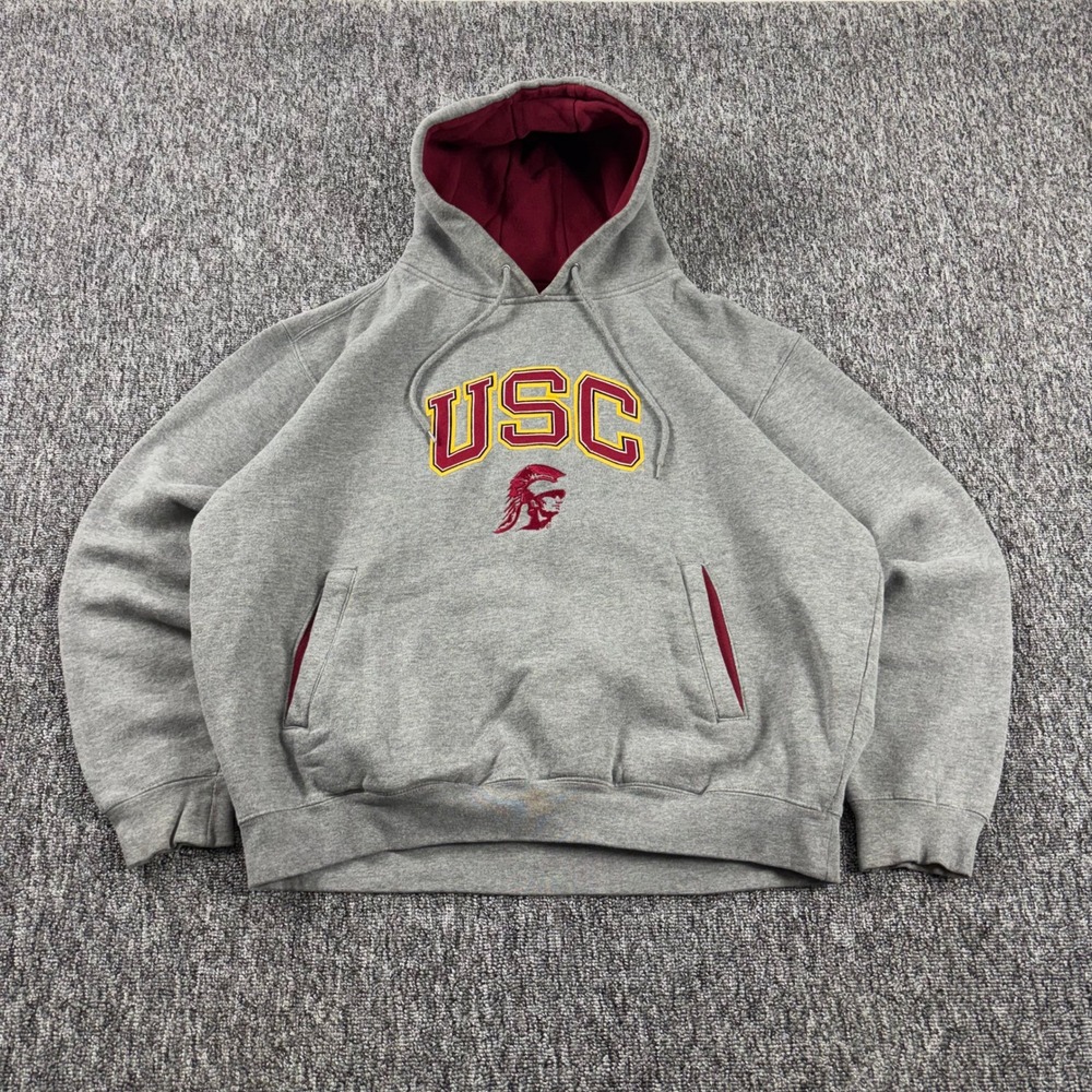 Y2K Vintage USC Trojans Champs Embroidered Heavyweight Boxy Hoodie Grey Large